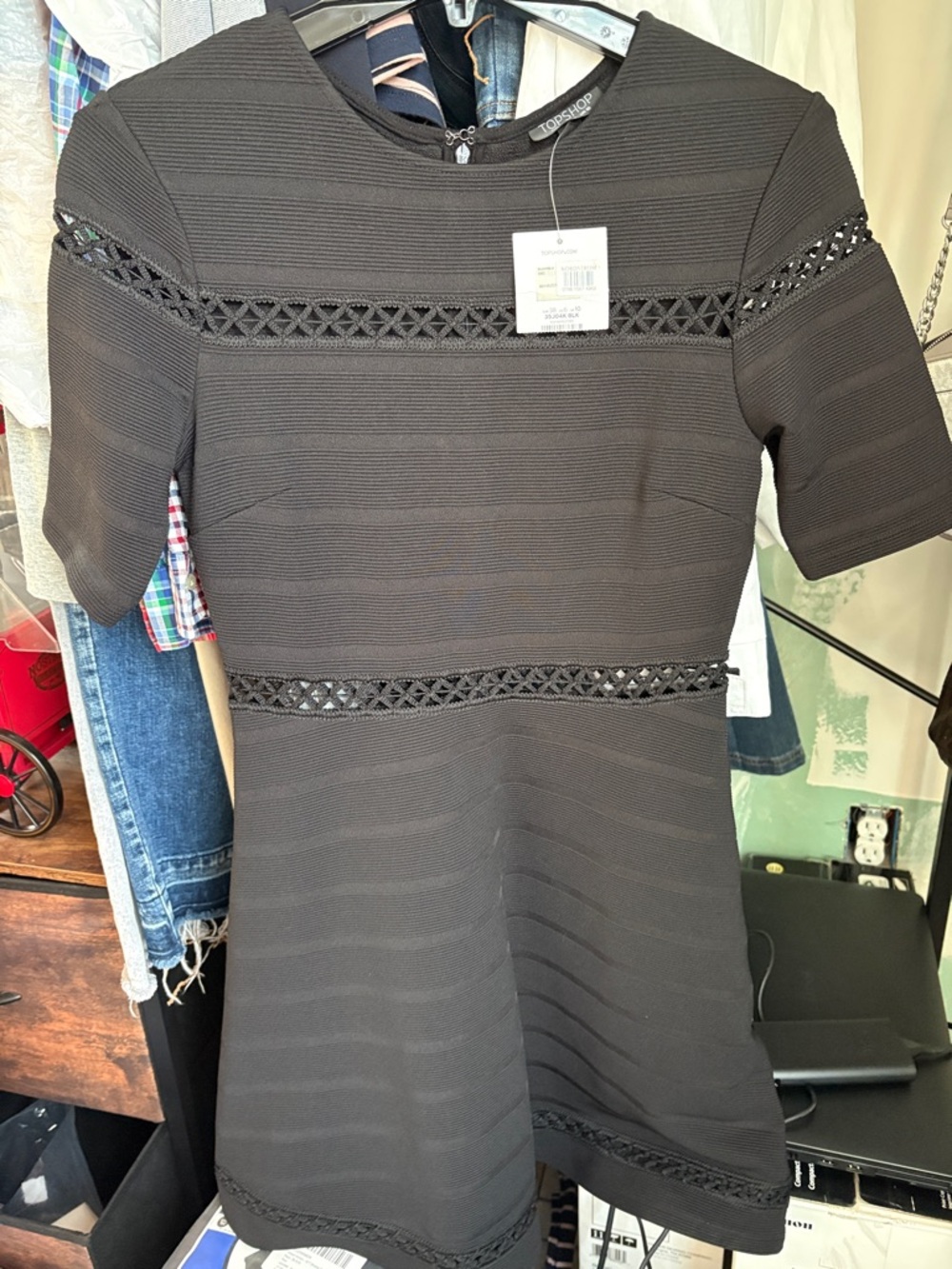 Topshop Black Short Sleeve Lace-Inset Midi Dress